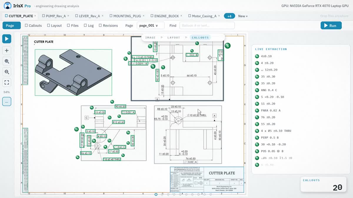 IrisX product-tour screenshot illustrating the drawing analysis interface